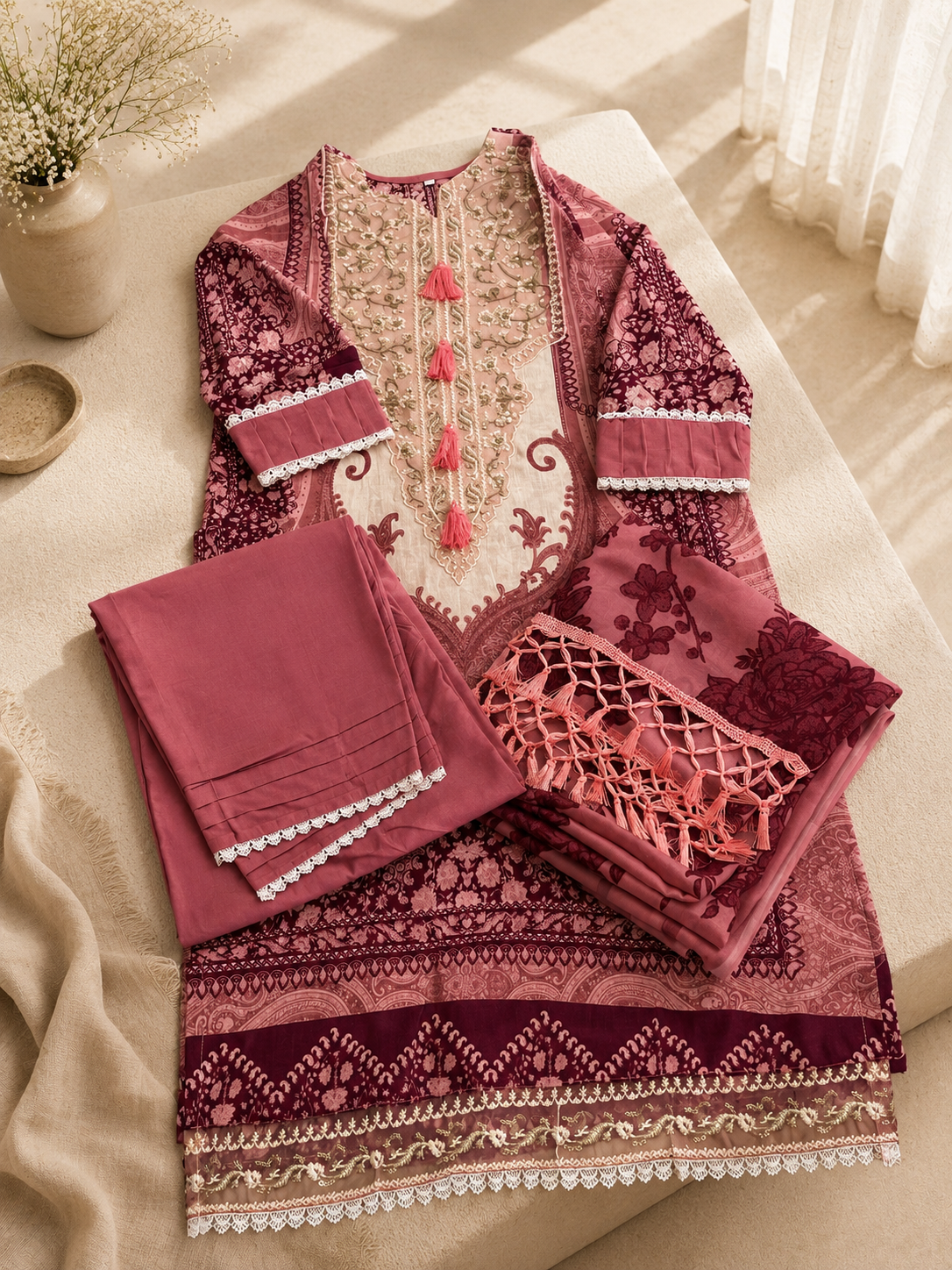 Rosé Bloom Embroidered Suit Set